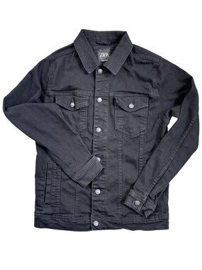 Zara Mens Black Denim Jacket With Button Closure & Pockets Size Large